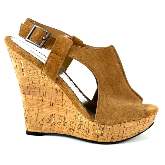Bebe Brown Suede Open Toe Cork Wedges - Picture 3 of 8